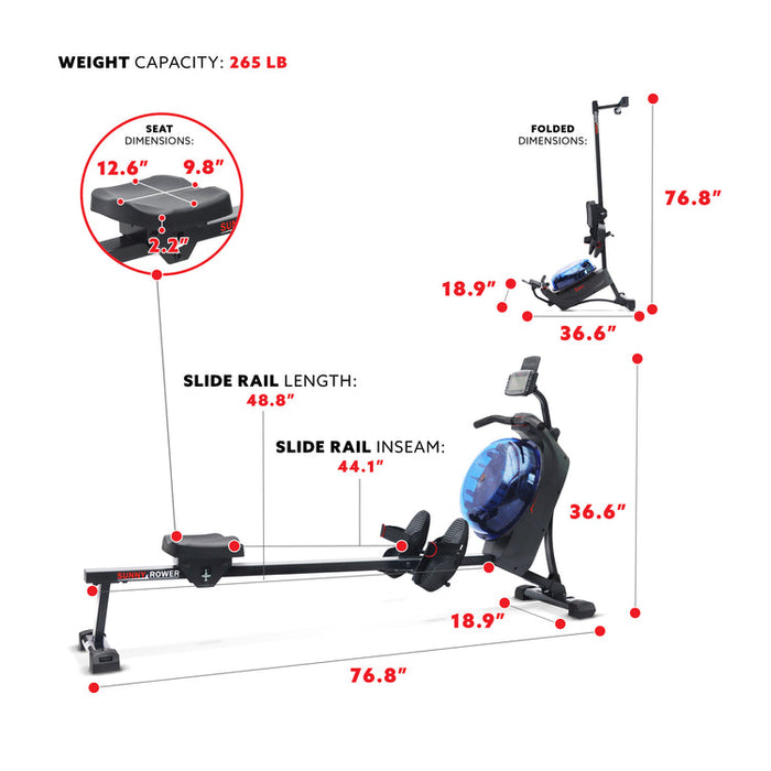 Sunny Hydro + Dual Resistance Smart Magnetic Water Rowing Machine - Black SF-RW522017BLK